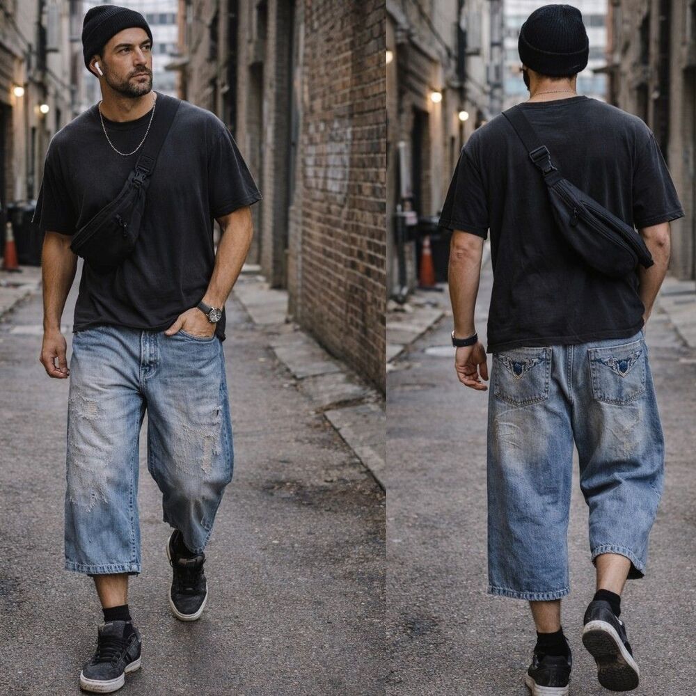 Y2K Miskeen Originals Mens 40 Wide Leg Crop Denim Capr Jeans Streetwear Distress